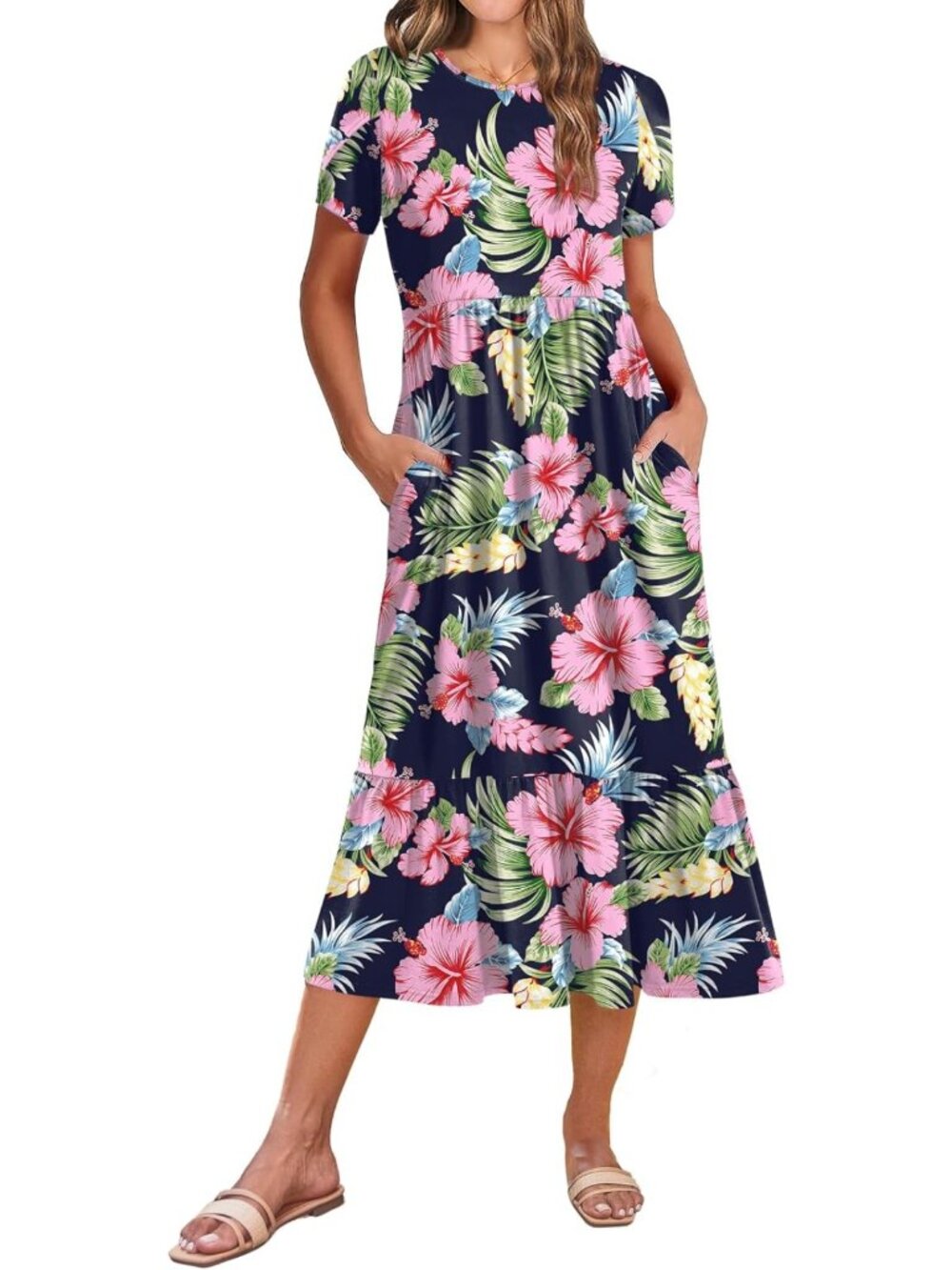 Summer Midi A-Line Dress for Women | Casual Flowy Tiered Sundress with Pockets
